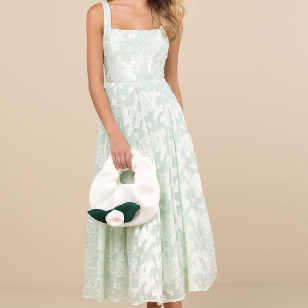 Lulus Loira Mint Burnout Jacquard Lace-up Midi Dress Green - Size S